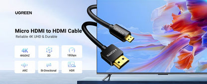 UGREEN 30104 Micro HDMI to HDMI Cable (3 Meter) 4K@60Hz Support 3D HDR ARC Ethernet Audio Return