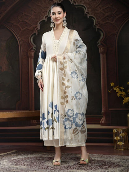 Women Floral Printed Empire Sequinned Kurta with Trousers & Dupatta