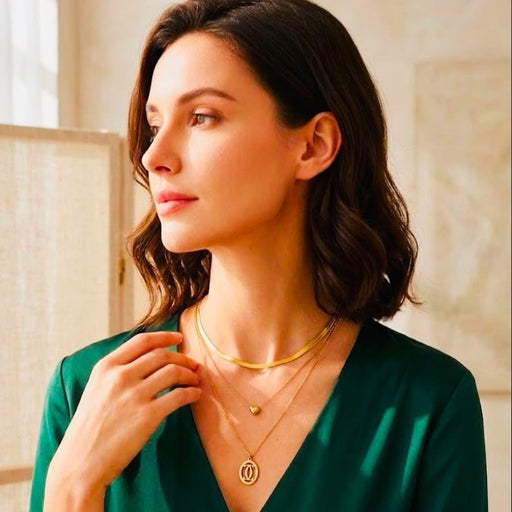 Elegant Multi-Layered Golden Herringbone Chain Heart Medallion Statement Necklace