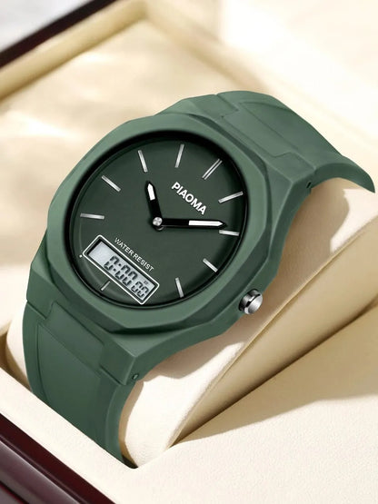 PIAOMA Dual Time Men's Electronic Watch; Trendy Simple Wrist Watch; Waterproof Sports Outdoor Watch