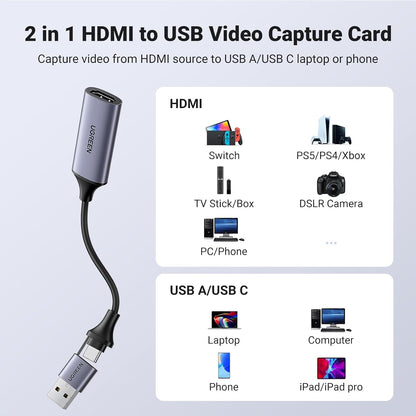 UG Video Capture Card 4K HDMI to USB-A/USB-C HDMI Capture Card Full HD 1080P USB 2.0