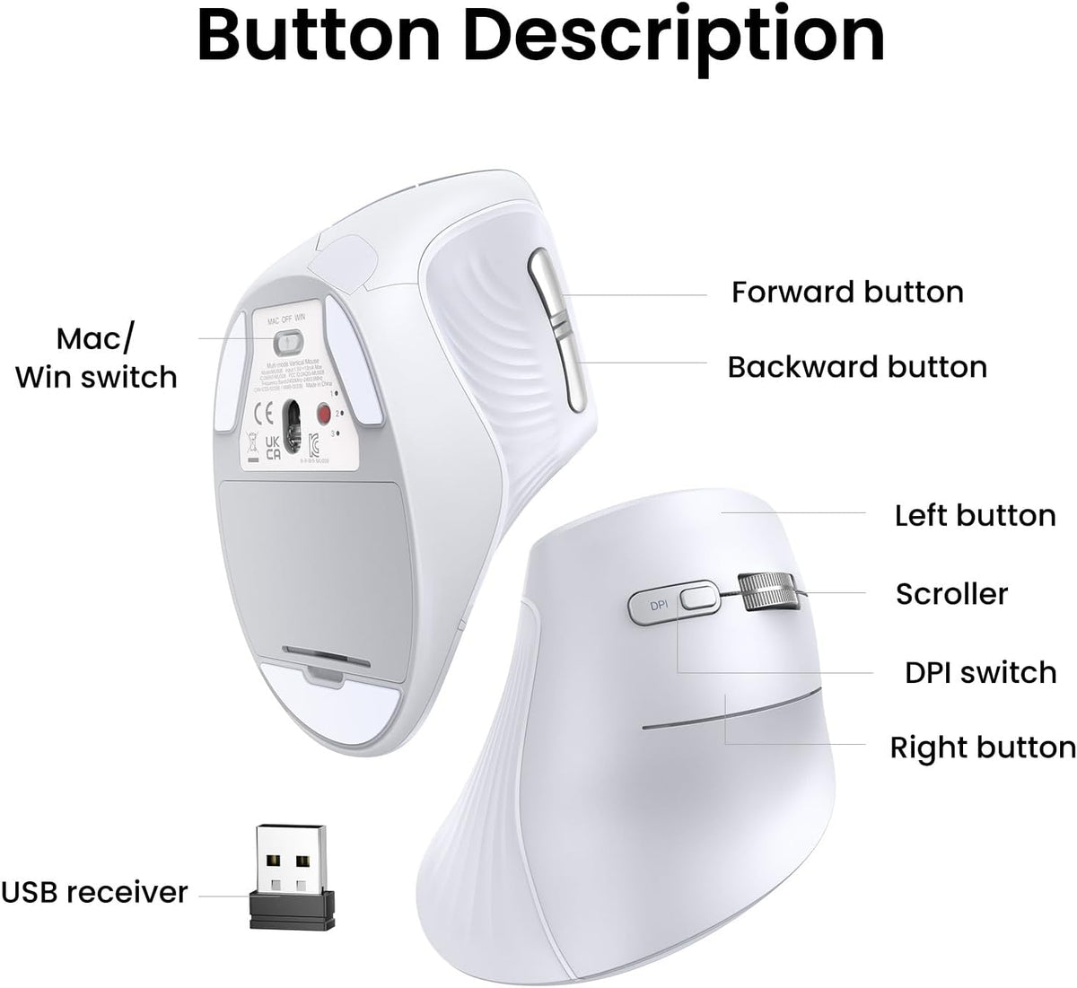 GREEN MU008 Vertical Ergonomic Mouse, Bluetooth & 2.4G, Silent Quiet Clicks, 5 Buttons, 4000 DPI & 4 Adjustable DPI, for Lapt