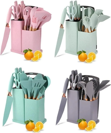 19PCS Silicone Kitchen Utensils Set Non-Stick Cookware Spatula Wooden Handle SMT