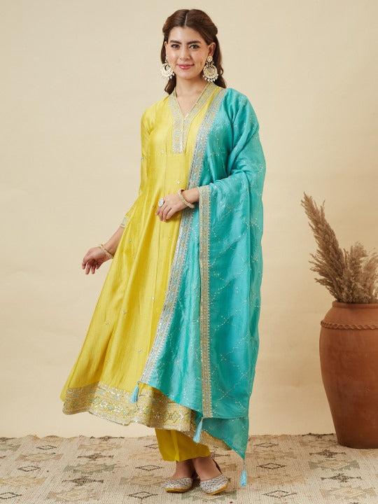Women Silk Embroidered Anarkali Kurta and Pant with Dupatta Set