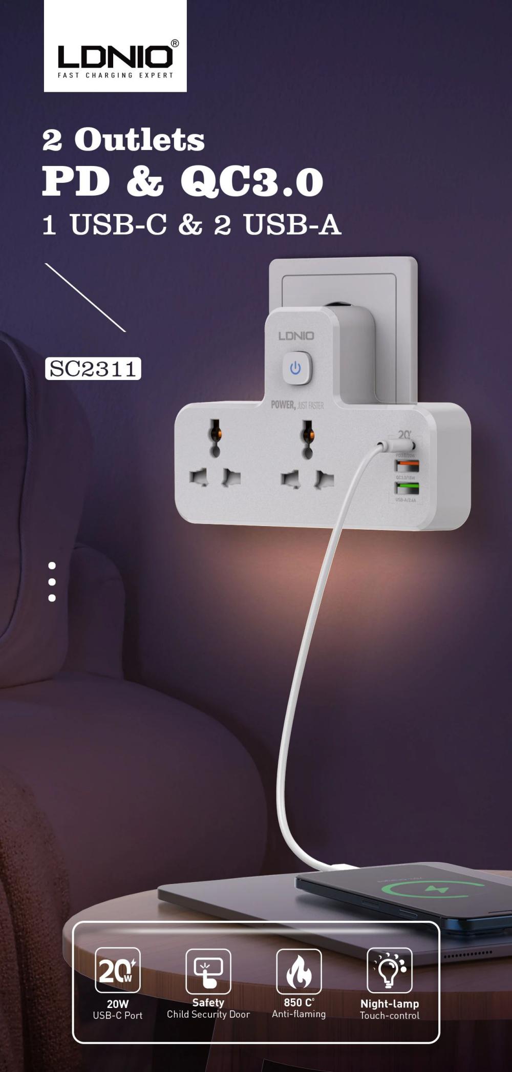 LDNIO SC2311 20W Type-C + 2 USB PD & QC3.0 Charger Extension 2 Way Power Socket with Touch Control Night Lamp