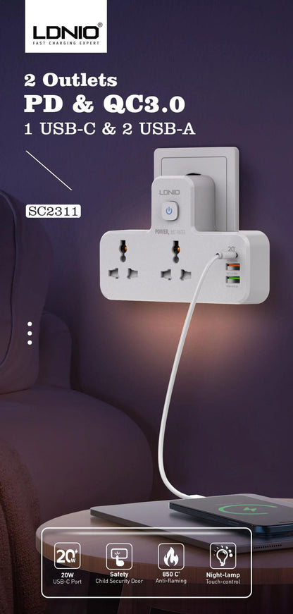 LDNIO SC2311 20W Type-C + 2 USB PD & QC3.0 Charger Extension 2 Way Power Socket with Touch Control Night Lamp