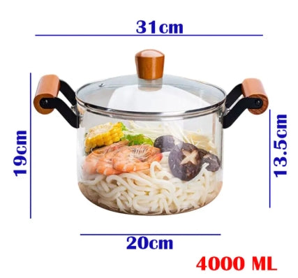 Heat-Resistant Glass Stovetop Pot, Glass Cookware with Wooden Handle 400â„‰