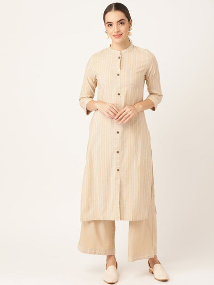 Women Beige Cotton Striped Kurta with Palazzos