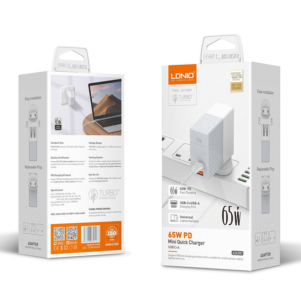 LDNIO A2620C Universal 65W Fast Charging Type-C Notebook Wall Charger Laptop Adapter With Free 1M Type-C Cable