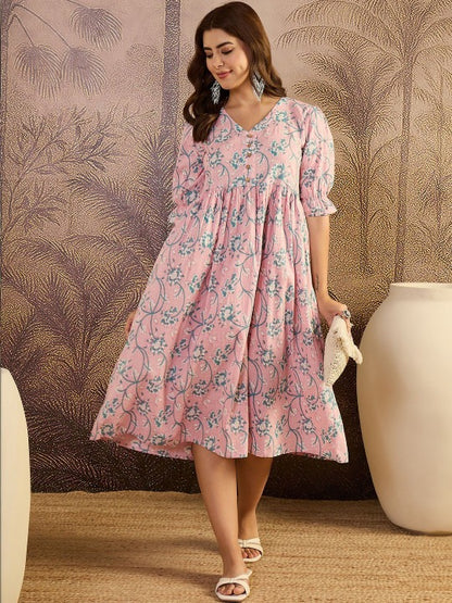 Printed Pure Cotton V-Neck Fit & Flare Maxi Dresses