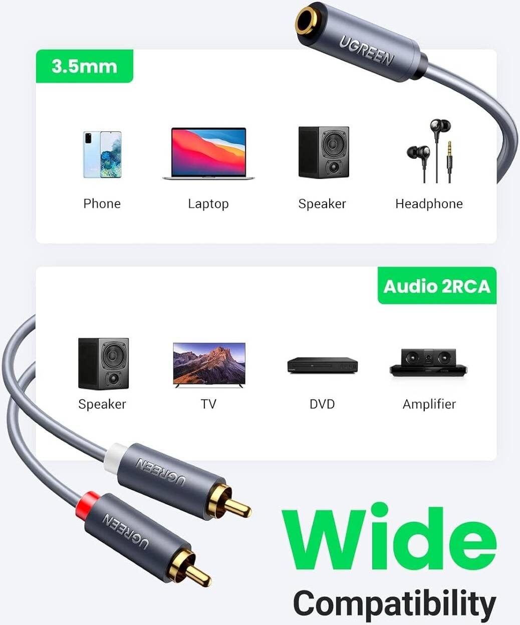 UGREEN AV102, 3.5mm Female To 2 RCA Male AUX Hi-Fi Audio Cable, Gold-Plated Connectors, For Audio Devices, 1 M Length, 24K Gold-plated Connector, For PC, Smartphone, Music Player | 10588