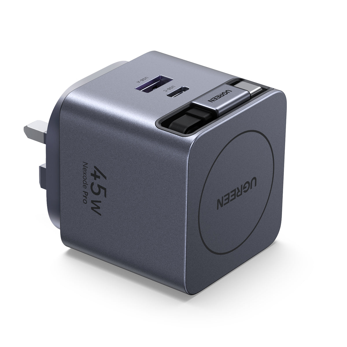 UGREEN 45W Nexode Pro GaN (USB-A*1 + Type-C*1) Fast Charger with Retractable Cable – X614 – 65823