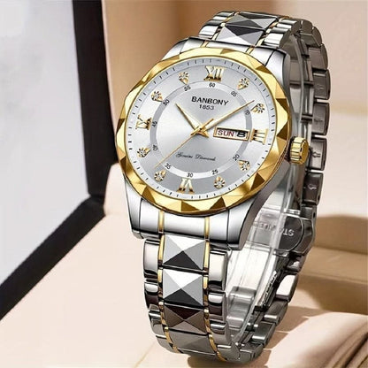 Luxury Men's Stainless Steel Quartz Watch – Waterproof, Luminous, Day & Date Display, Stylish