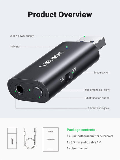 UGREEN Bluetooth 5.1 Transmitter Receiver 2 in 1 Wireless USB Dongle for TV, Home Stereo, Car Stereo, Headphones, Speakers, PC