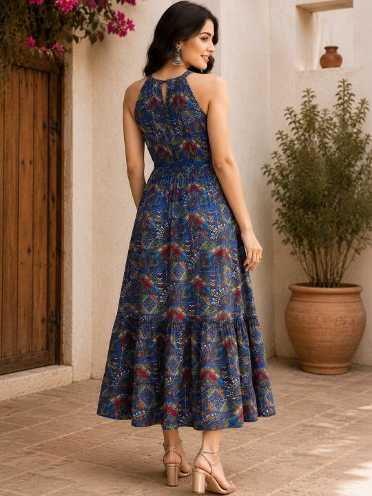 Ethnic Motifs Print Halter Neck a-Line Midi Dress