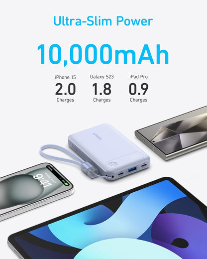 Anker Power Bank  22.5W 10,000mAh Portable Charger with Built-in USB-C Cable and Lanyard,