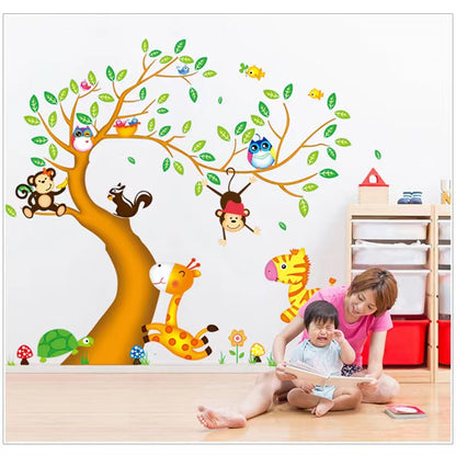Big Tree Animals Cartoon Theme Kids Wall Art Decal Sticker Decoration for Living Room Nursery Baby Girl Boy Kid Children's Room Bedroom Decoration