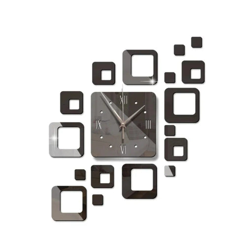 Fashion 3D DIY Novelty Modern Design Square Shape Sticker Acrylic Mirror Wall Clock -Black