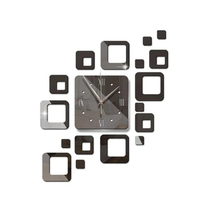 Fashion 3D DIY Novelty Modern Design Square Shape Sticker Acrylic Mirror Wall Clock -Black