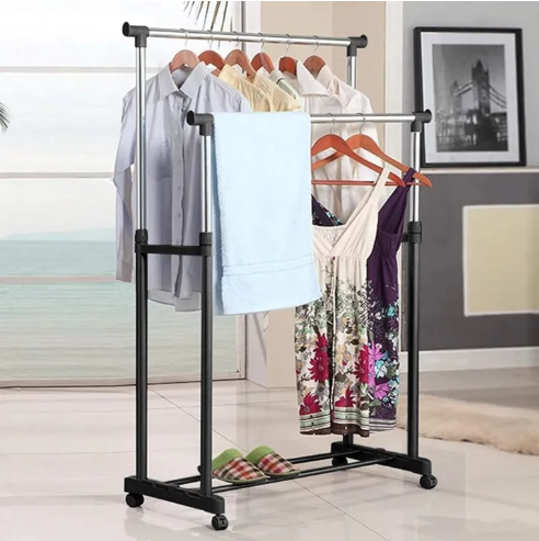Double Pole Telescopic Clothes Hanger with Wheels | Rolling Steel Garment Drying Rack