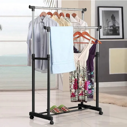 Double Pole Telescopic Clothes Hanger with Wheels | Rolling Steel Garment Drying Rack