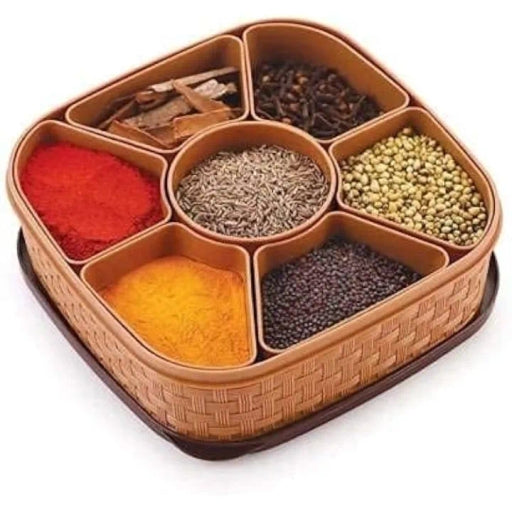 E-Cosmos 7 Sections Plastic Square Multipurpose Masala Spice Box Set- Orange (Masala Box - 7 In 1)