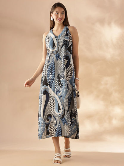 Abstract Printed a Line Sleeveless Maxi Dress
