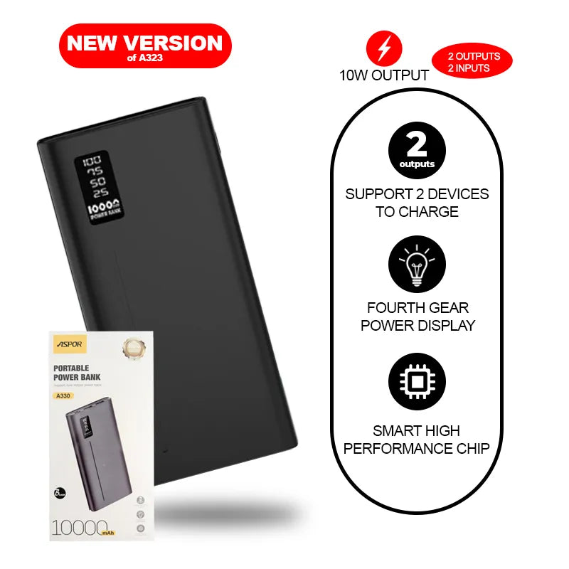 Aspor a330 10000MAh Power Bank | 12W Fast Charge Portable Charger with LED Display