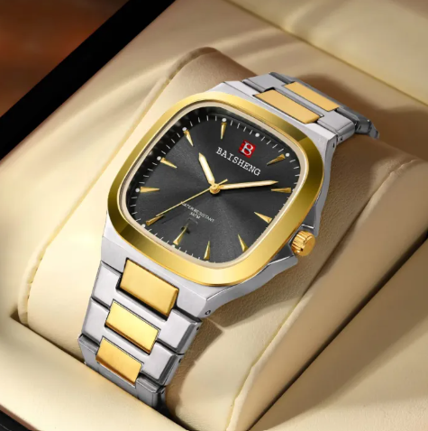 BAISHENG Rectangle Quartz Watch for Men Two Tone Stainlsee Steel Band Wristwatches Simple Clock Male