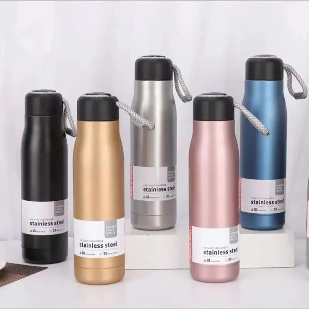 Insulated Stainless Steel Hot & Cold Water Bottle | Leak-Proof Sports Flask with Carry Rope