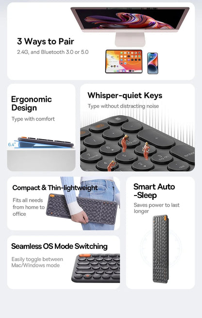 Baseus K01B Bluetooth Wireless Tri-Mode Keyboard for NoteBook Pad PC Tablet Laptop 84 Key Mini Slim Dual System 2.4G Silent Keyboard