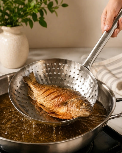 Large Deep Fry Skimmer Strainer Spoon, Heavy Duty Frying Scoop Wooden