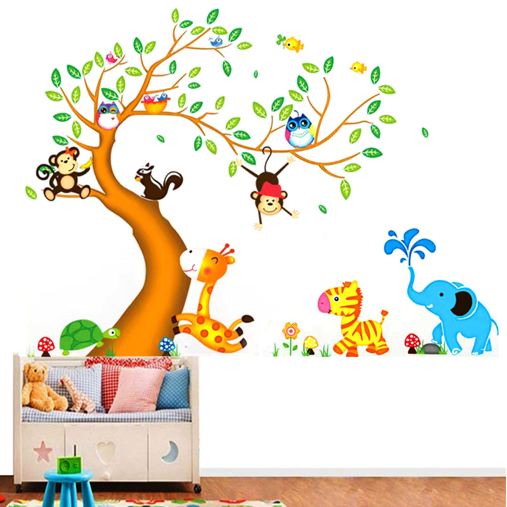 Big Tree Animals Cartoon Theme Kids Wall Art Decal Sticker Decoration for Living Room Nursery Baby Girl Boy Kid Children's Room Bedroom Decoration