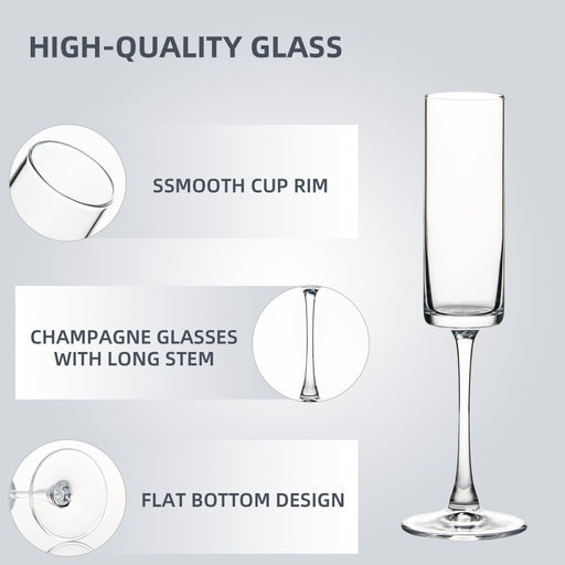 Premium Crystal Clear Champagne Glasses, Set of 6 Pieces for Home Bar, Wedding, Restaurant