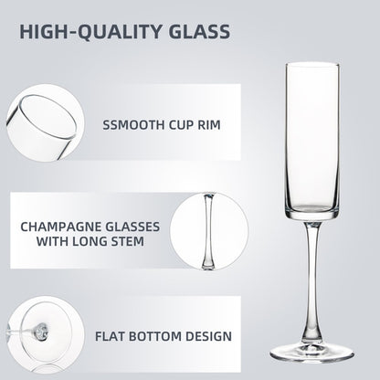 Premium Crystal Clear Champagne Glasses, Set of 6 Pieces for Home Bar, Wedding, Restaurant