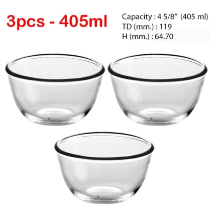Classic Transparent Glass Bowl for Mixing /Serving-Sauce,Soup, Snacks, Fruits (3 Sizes- 405Ml,180ml)