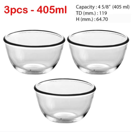 Classic Transparent Glass Bowl for Mixing /Serving-Sauce,Soup, Snacks, Fruits (3 Sizes- 405Ml,180ml)