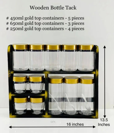 Wooden Bottle Rack Set & Gold Bottle Rack Set & 12 Pcs Gold Lid Bottles and Rack