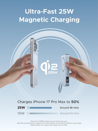 UGREEN MagFlow 10,000mAh Power Bank, Qi2 25W Certified Wireless Charging, Magnetic Portable Charger for MagSafe with Built-in Cable, 30W USB-C Battery Pack for iPhone 17 Pro Max/16/15/14/13/12