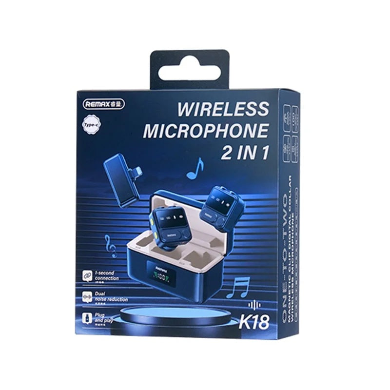 Remax K18 2-in-1 Usb-C Wireless Lavalier Microphone with Magnetic Clip, Digital Display, and Dual Microphone Connection
