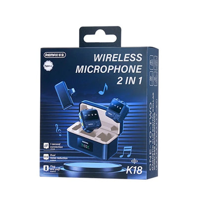 Remax K18 2-in-1 Usb-C Wireless Lavalier Microphone with Magnetic Clip, Digital Display, and Dual Microphone Connection