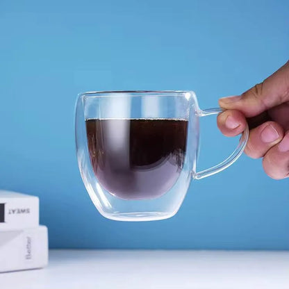 Double Wall 250ML Heat Resistant Glass Cup Office Coffee Tea Handle Mug
