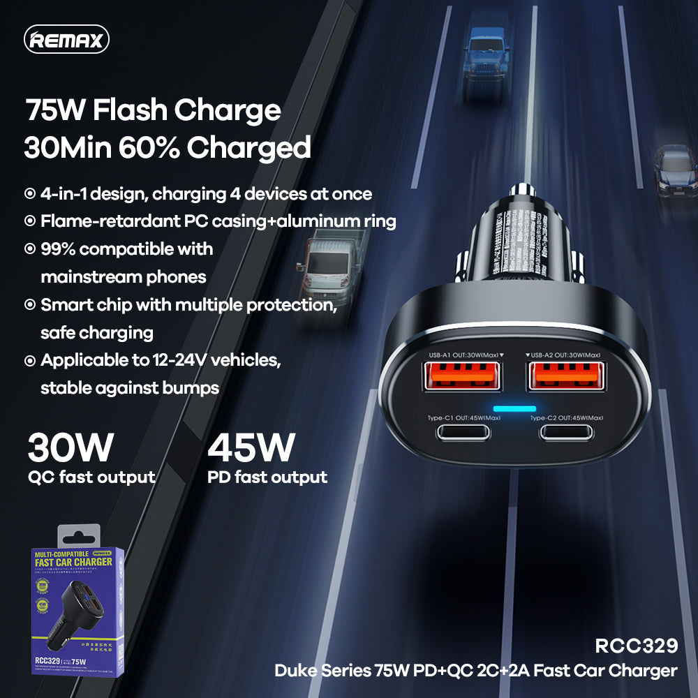 Remax Car Charger Duke Series 75W 2 Type-C + 2USB
