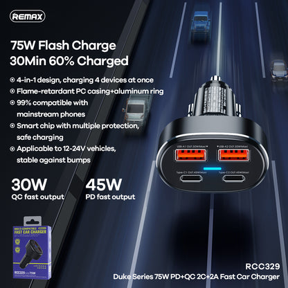 Remax Car Charger Duke Series 75W 2 Type-C + 2USB