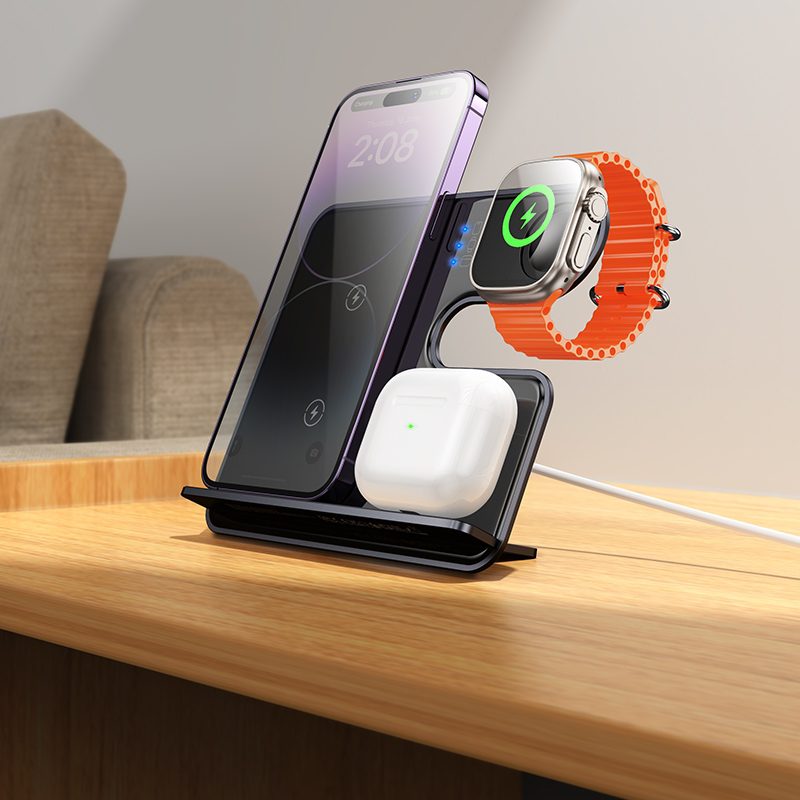 HOCO CQ19 Falcon 3 in 1 Desktop Vertical QI Wireless Fast Charger
