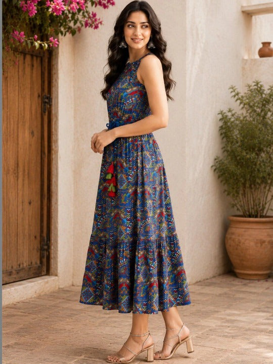Ethnic Motifs Print Halter Neck a-Line Midi Dress