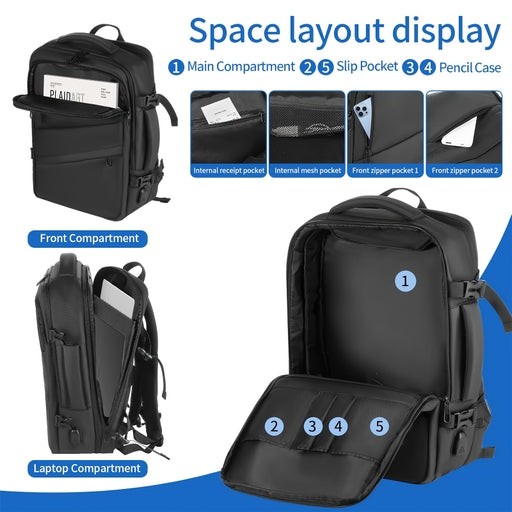 1Pc HUABUPS Expandable Travel Backpack with USB Charging Port, 39.62 Cm Laptop Backpack