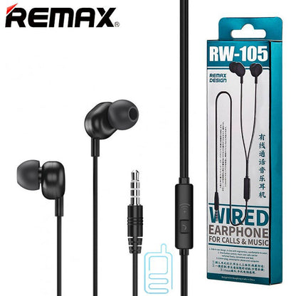 Remax RW-105 Wired Earphone Stereo Sound Earbuds In-Ear Headset for Phone Call Music Headphones with Microphone 3.5mm Plug