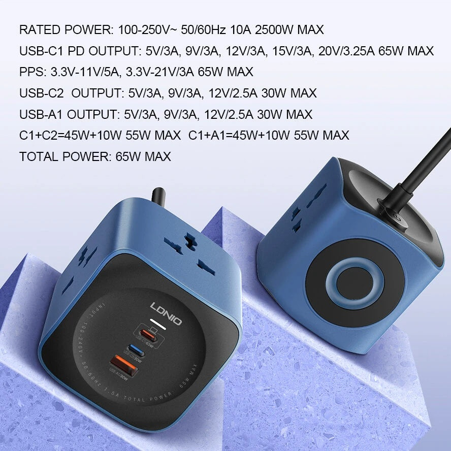 LDNIO SC3319 10A 2500W Cube Power Socket with 3AC Outlets+USB-A+2USB-C
