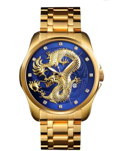 Men's Cool Stainless Steel Analog Quartz Watches Gold Dragon Fashion Casual Calendar Wrist Watch